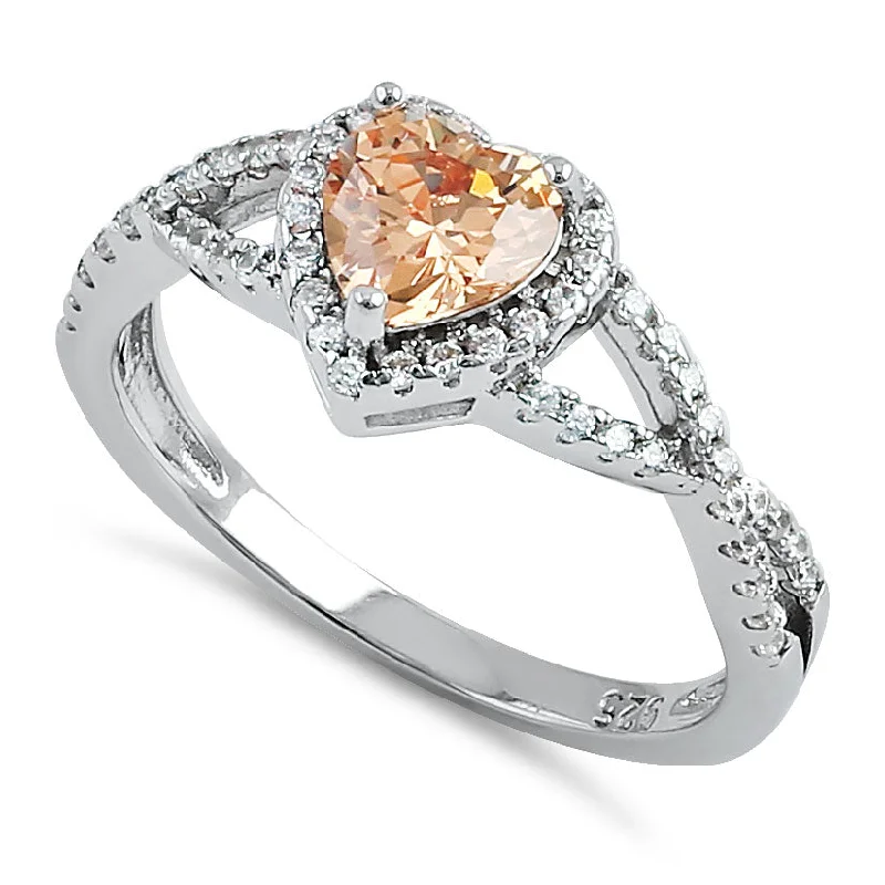 Best Light Rings-Sterling Silver Heart Halo Twist Champagne CZ Ring