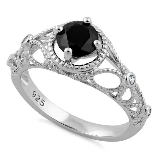 High Grade Rings-Sterling Silver Butterfly Design Black CZ Ring