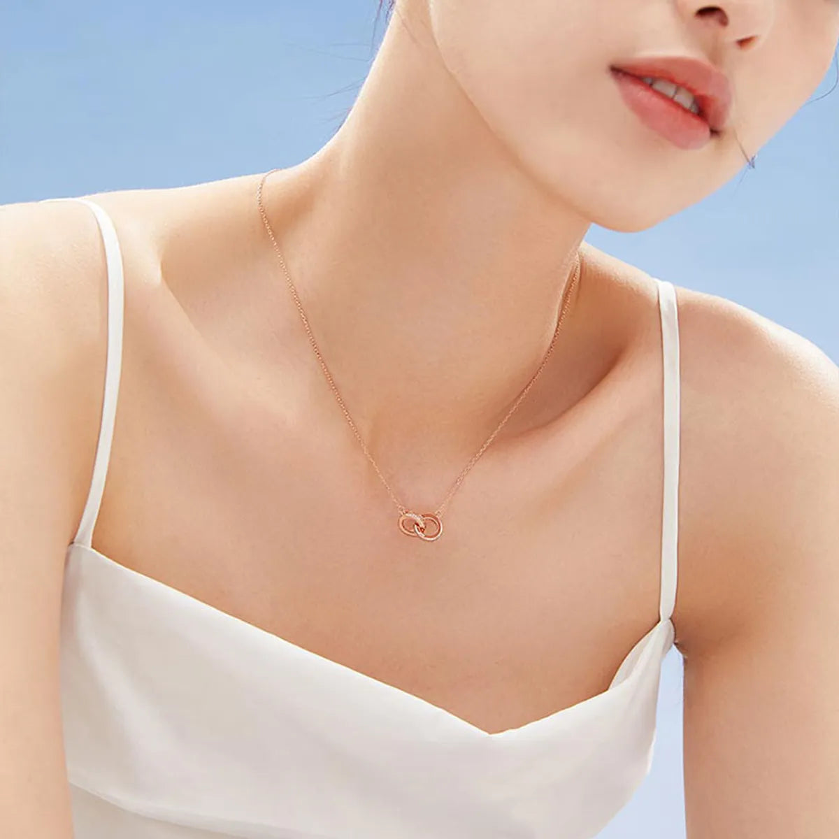 Chic Necklaces For Trends-Elegant Simple Style Double Ring Circle Sterling Silver Rose Gold Plated White Gold Plated Zircon Necklace In Bulk