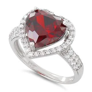 Rings For Oval Fingers-Sterling Silver Garnet Heart Halo CZ Ring