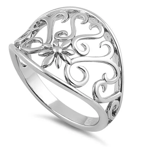 Rings For Party Glam-Sterling Silver Flower & Curly Vines Ring