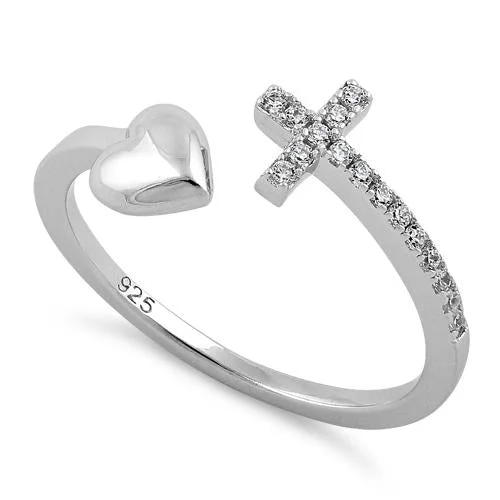 Rings For Wild Style-Sterling Silver Heart Cross Clear CZ Ring