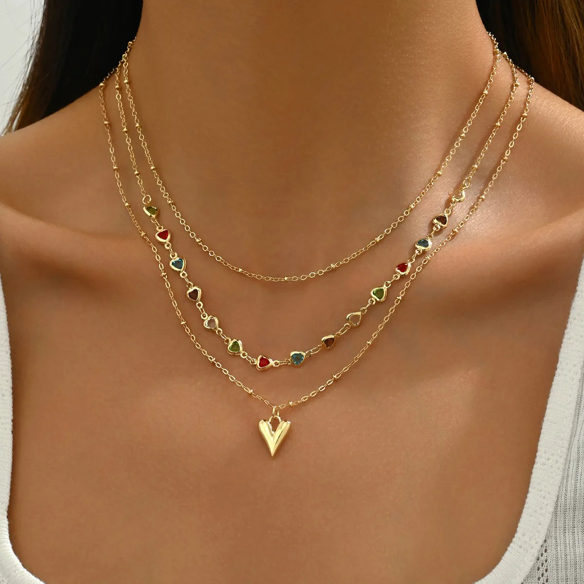 Necklaces For Summer Fun-Copper 18K Gold Plated Inlay Heart Shape Glass Three Layer Necklace