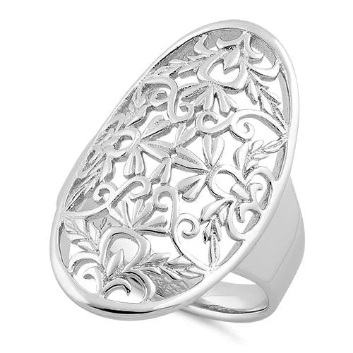 Rings For Sunny Outings-Sterling Silver Floral Garden Oval Ring