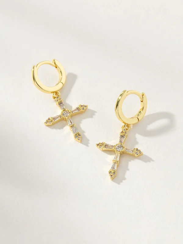 Earrings For Matching Sets-Crystalized Cross Huggie Earrings