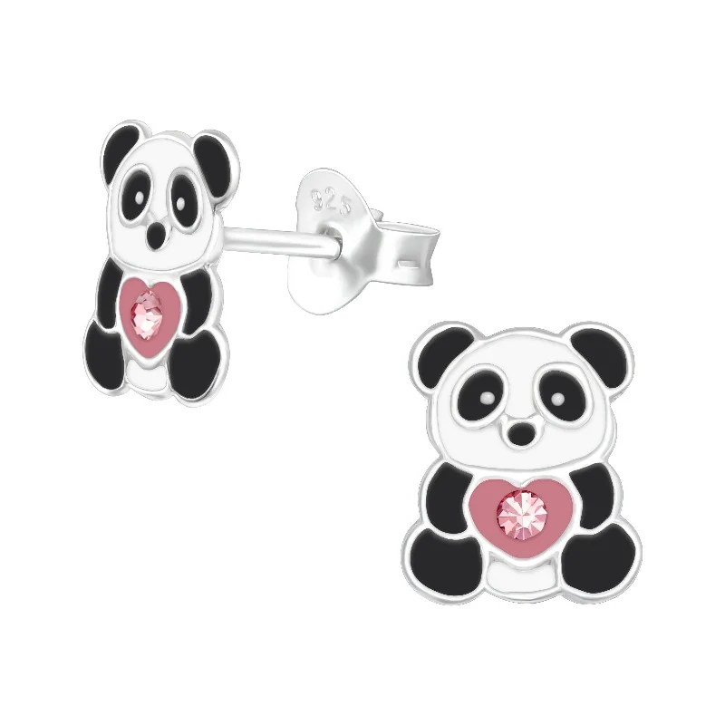 Earrings With Fun Patterns-Pink Heart Panda Bear Crystal Stud Earrings in Sterling Silver