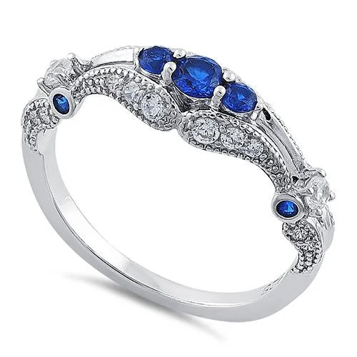 Rings For Beach Trips-Sterling Silver Filigree Blue Spinel CZ Ring