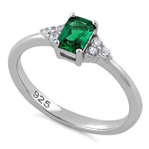 Rings Dust Tips-Sterling Silver Precious Emerald Cut Emerald CZ Ring