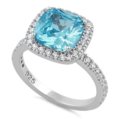 Rings For Quiet Style-Sterling Silver Cushion-Cut Aqua Blue CZ Ring