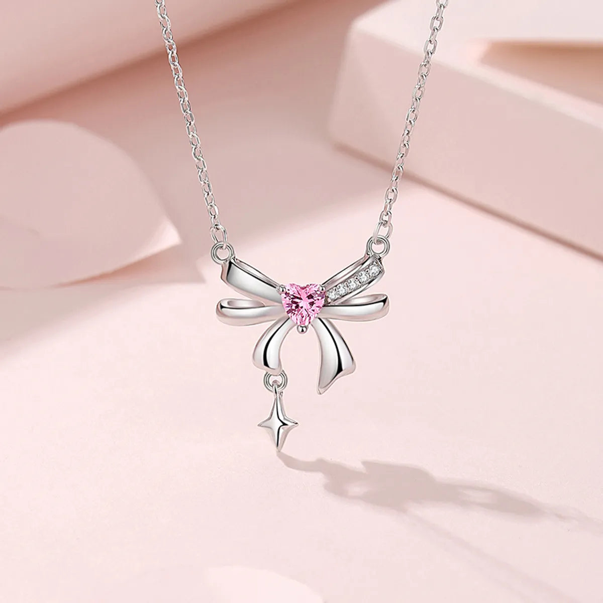 Necklaces For Square Frames-Sweet Simple Style Tassel Heart Shape Bow Knot 925 Silver Zircon Pendant Necklace