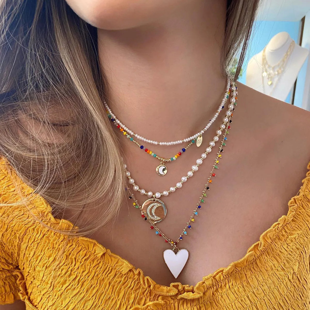 Necklaces Gem Options-Vacation Simple Style Moon Heart Shape Freshwater Pearl Glass Copper Beaded Plating Inlay Zircon 18k Gold Plated Necklace