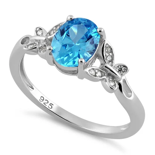 Rings Maker Reviews-Sterling Silver Double Butterfly Aqua Center Stone CZ Ring