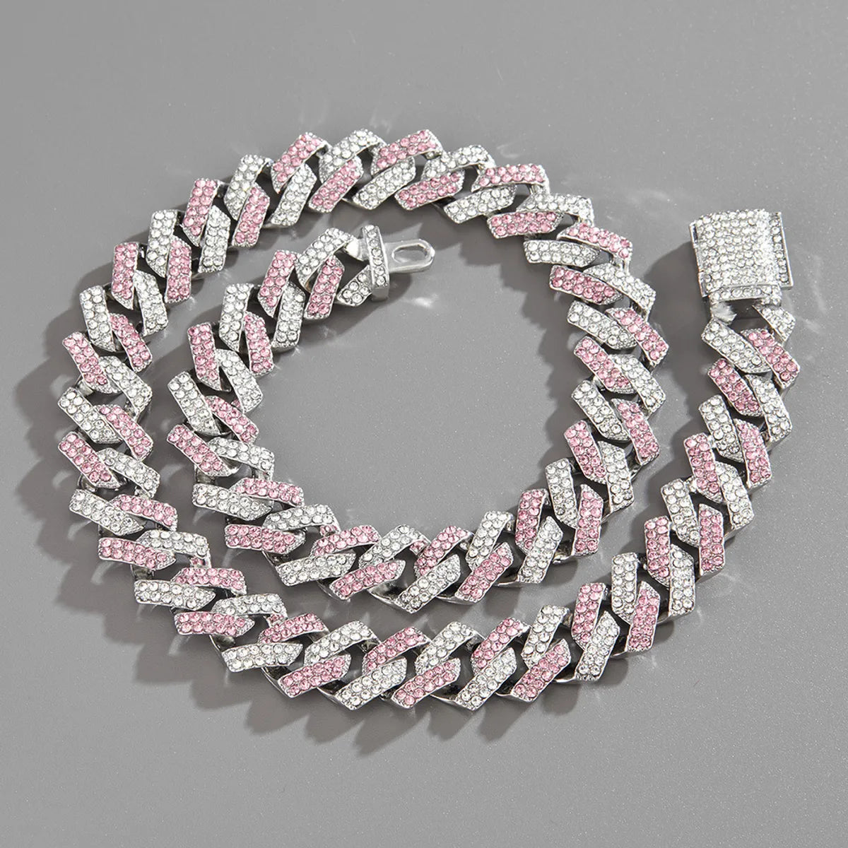 Silver Pink White Bar Cuban Link Chain