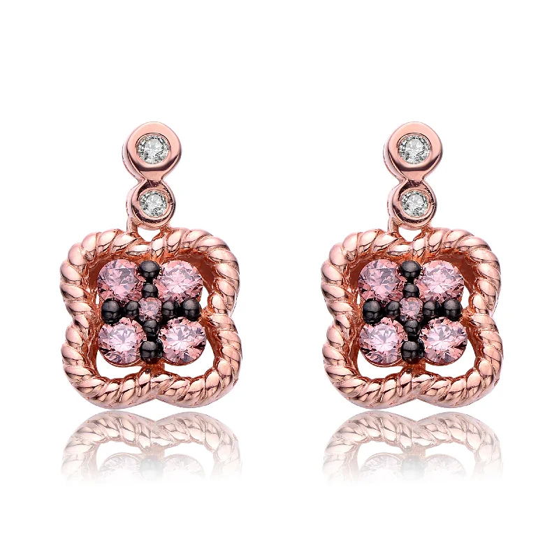 Earrings For Bold Rings-Sterling Silver Rose Gold Plated Black and Champagne Round Cubic Zirconia Drop Earrings