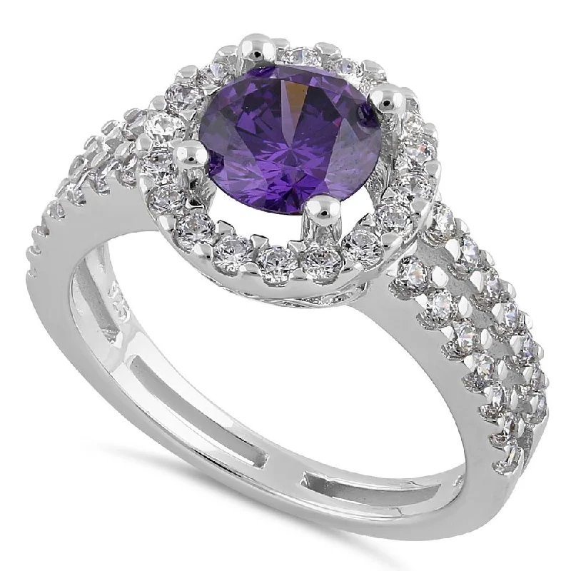 Rings For Group Gifts-Sterling Silver Round Amethyst Halo CZ Ring