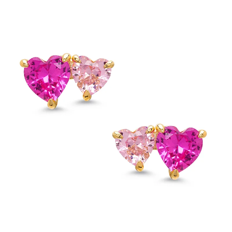 Earrings Shine Guide-CZ Double Hearts Stud Earrings - 2-Tone Pink