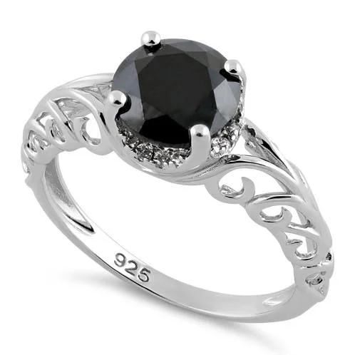 Rings For Summer Fun-Sterling Silver Swirl Design Black and Clear CZ Ring