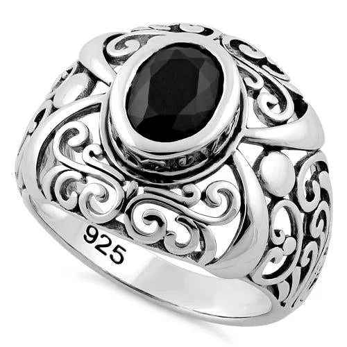 Cheap Rings For Sale-Sterling Silver Oriental Bali Black CZ Ring