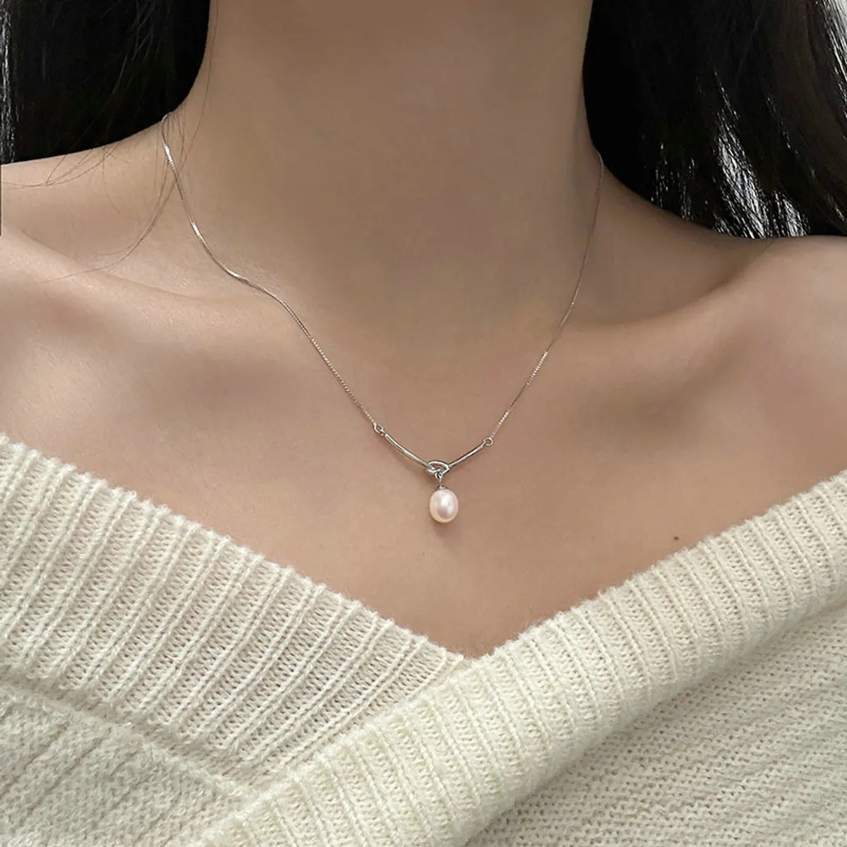 Necklaces For Choker Style-Elegant Geometric Freshwater Pearl Sterling Silver Pendant Necklace