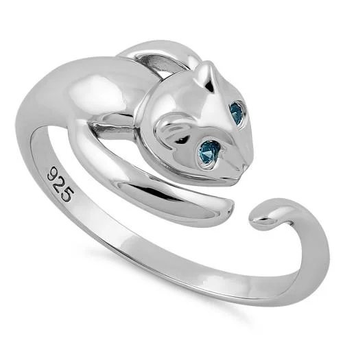 Rings With Band Links-Sterling Silver Cat Aqua Blue CZ Ring