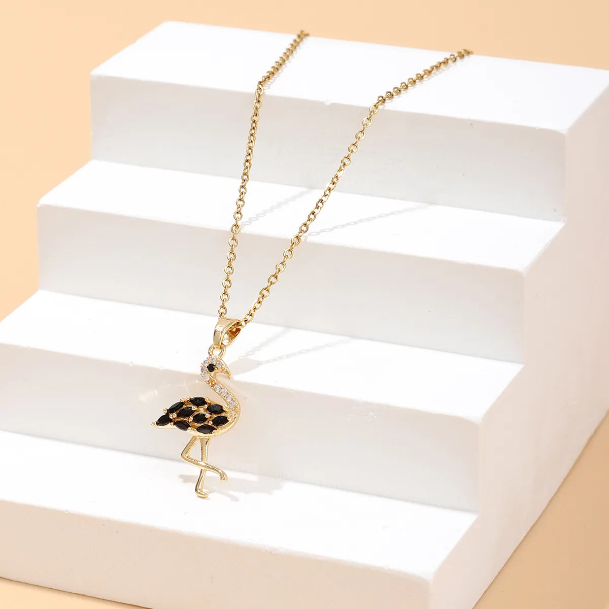 Necklaces With Gold Finish-Wholesale Cute Lady Classic Style Flamingo Copper Inlay 18K Gold Plated Zircon Pendant Necklace