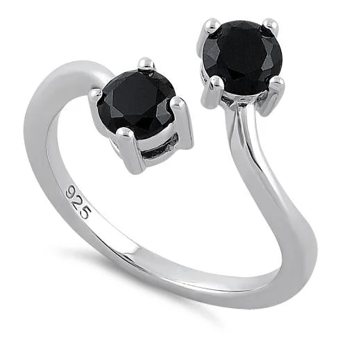 Rings For Tall Styles-Sterling Silver Dual Round Cut Black CZ Ring