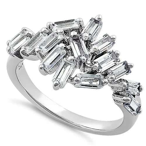 Rough Rings For Edge-Sterling Silver Cluster Baguette Straight Clear CZ Ring