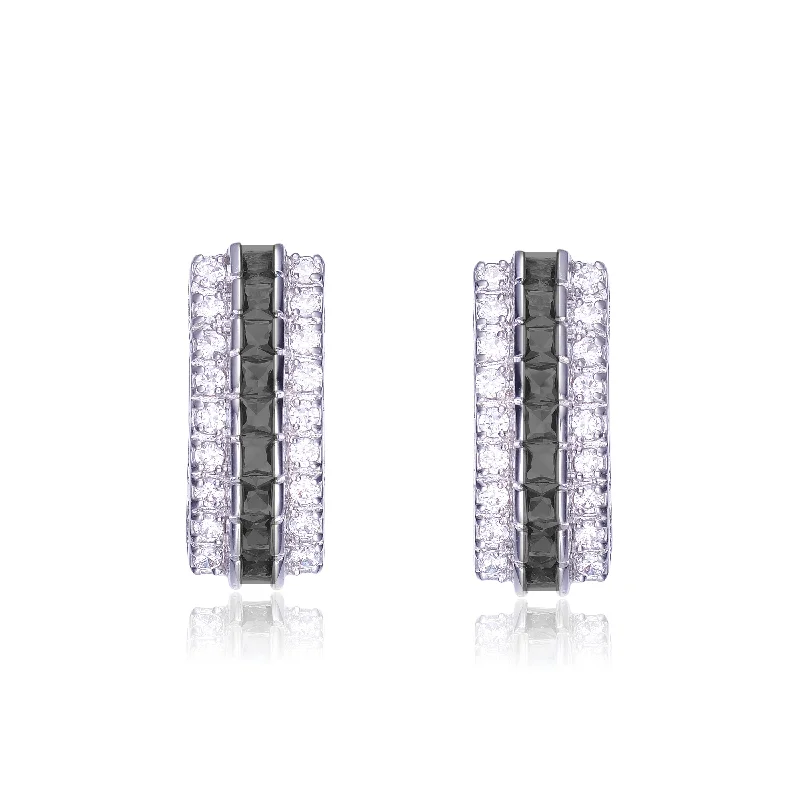 Earrings For Quick Use-Sterling Silver Rhodium Plated Black And Cubic Zirconia Three Row Classic Last Pair Earrings