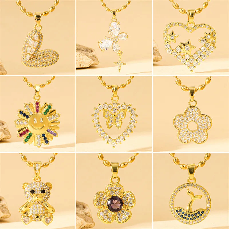 Necklaces For Broad Chests-201 Stainless Steel Brass 18K Gold Plated Sweet Simple Style Classic Style Plating Inlay Heart Shape Flower Butterfly Zircon Pendant Necklace