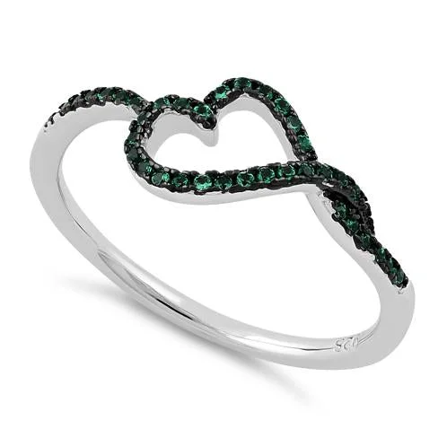 Rings For Calm Nights-Sterling Silver Curvy Heart Emerald CZ Ring