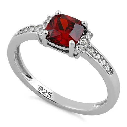 Rings For Solo Outings-Sterling Silver Cushion Dark Garnet CZ Ring