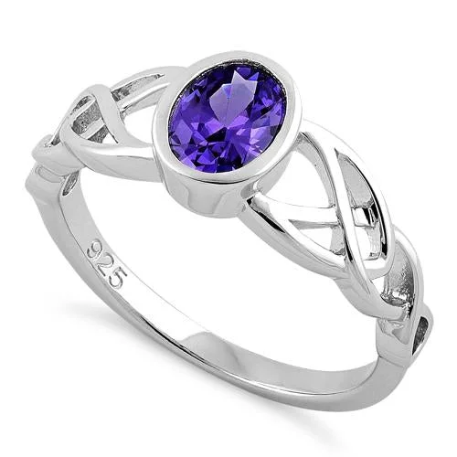 Durable Rings For Long Wear-Sterling Silver Oval Amethyst CZ Celtic Ring