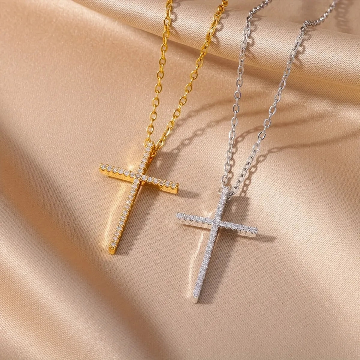 Necklaces For Seniors-Simple Style Cross Copper Gold Plated Zircon Pendant Necklace In Bulk