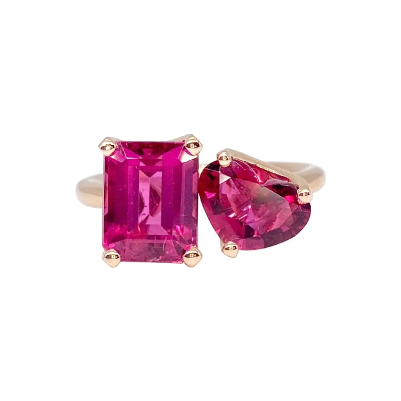 Rings For Nighttime Vibes-Bold 2-Stone Ring with Rubellite Tourmaline Emerald Cut & Heart