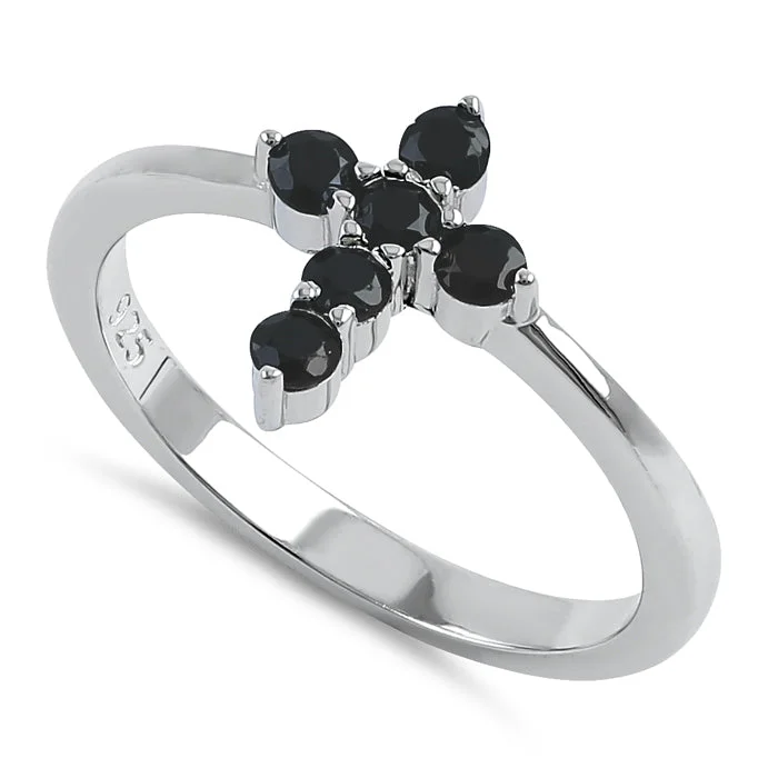 Custom Rings Designs-Sterling Silver Cross Black CZ Ring