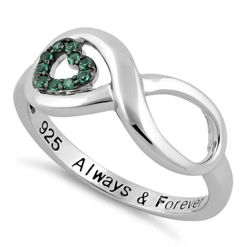 Rings For Formal Looks-Sterling Silver Infinity Emerald Heart "Always & Forever" Engraved CZ Ring