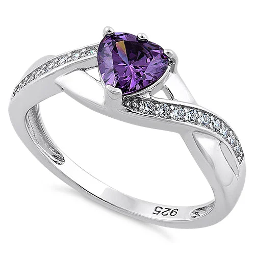 Rings Repair Tips-Sterling Silver Amethyst Heart String CZ Ring