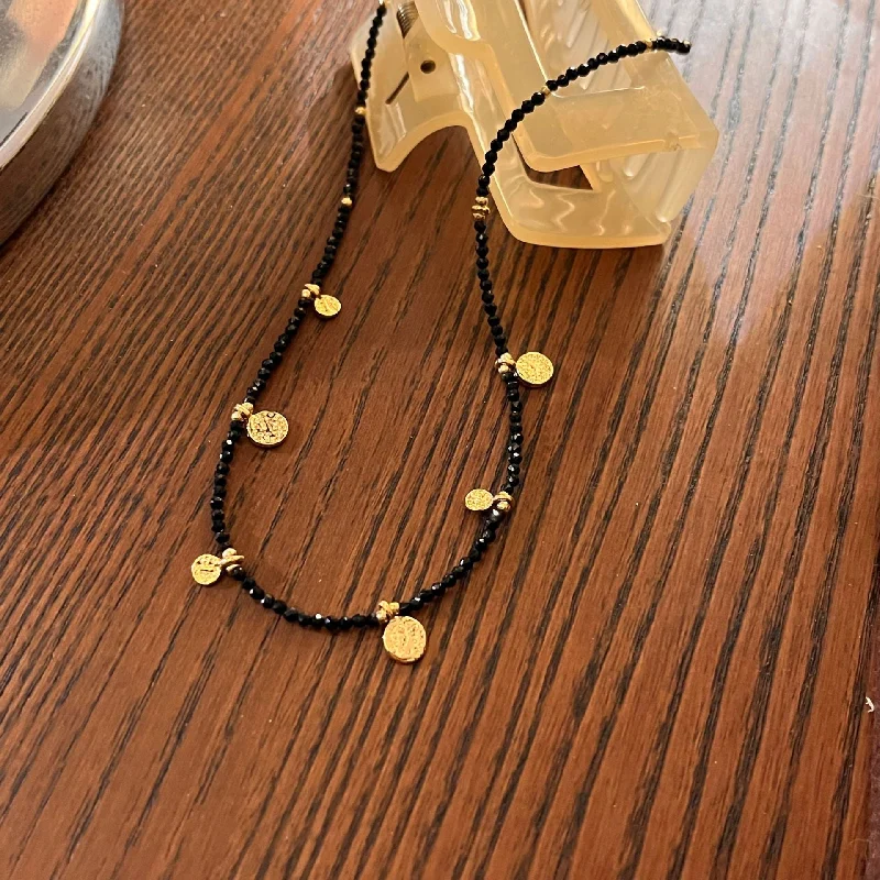 Gold Coin Black Beaded Necklace