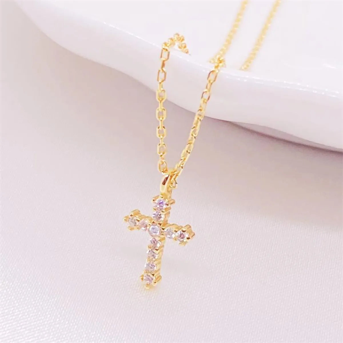 Necklaces With Fun Patterns-Simple Style Classic Style Cross Sterling Silver Inlay Zircon Pendant Necklace