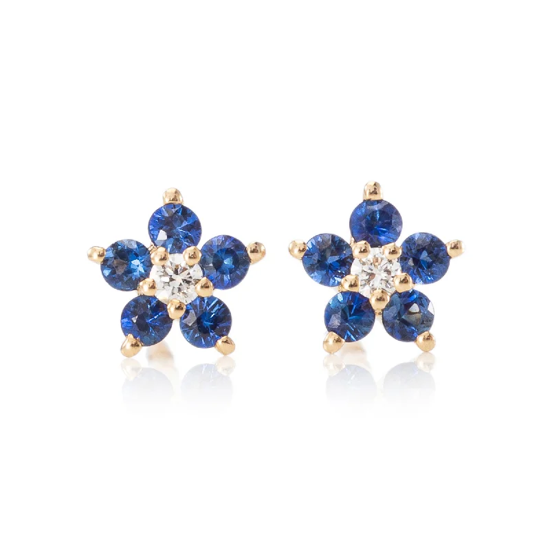 Earrings With Dainty Chains-Tiny Sapphire Flower Studs