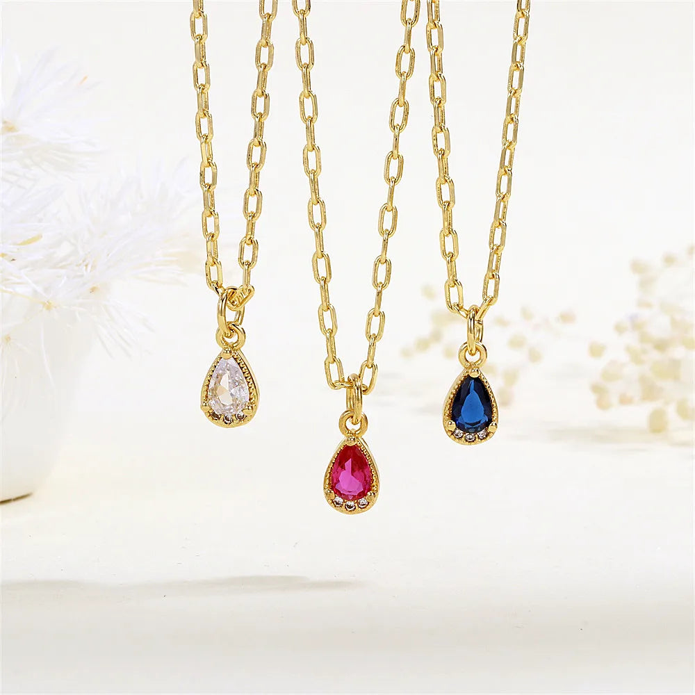 Necklaces For Older Ladies-Copper 18K Gold Plated Inlay Water Droplets Zircon Pendant Necklace