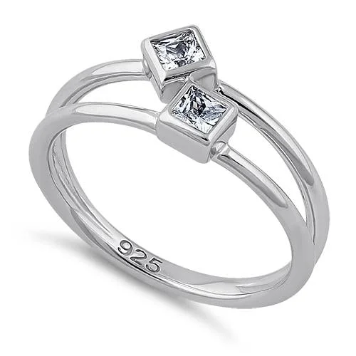 Rings For Subtle Shine-Sterling Silver Double Princess Cut Clear CZ Ring