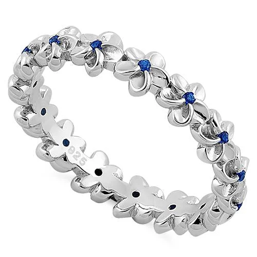 Rings With Gemstone Settings-Sterling Silver Plumeria Blue Spinel CZ Eternity Band Ring