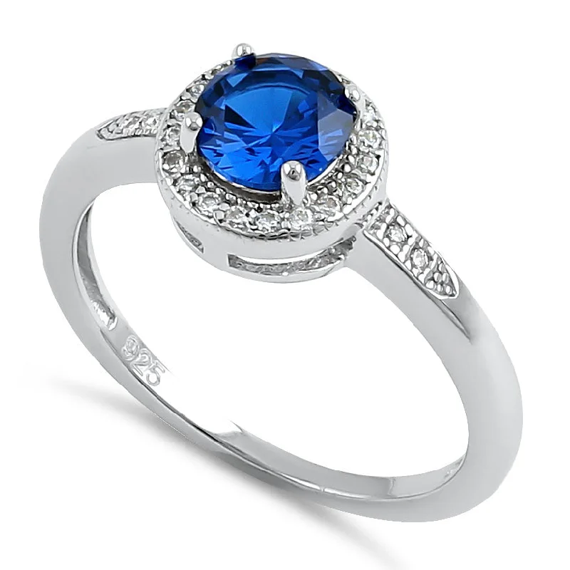 Rings For Little Girls-Sterling Silver Elegant Round Halo Blue CZ Ring