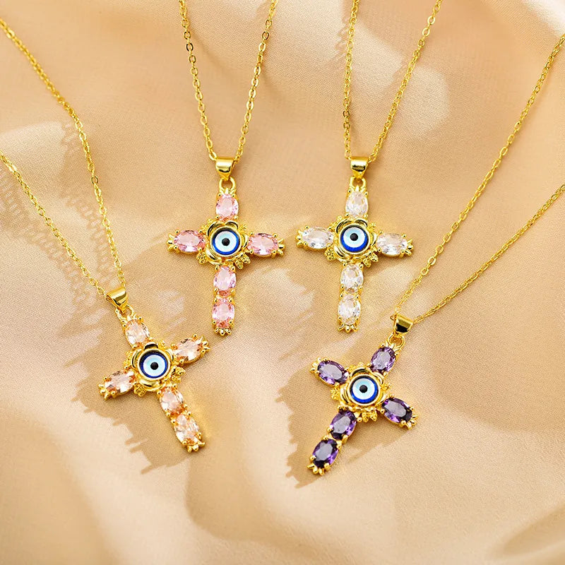 Necklaces For Dangle Fun-Ethnic Style Cross Eye Alloy Copper Inlay Zircon Gold Plated Necklace