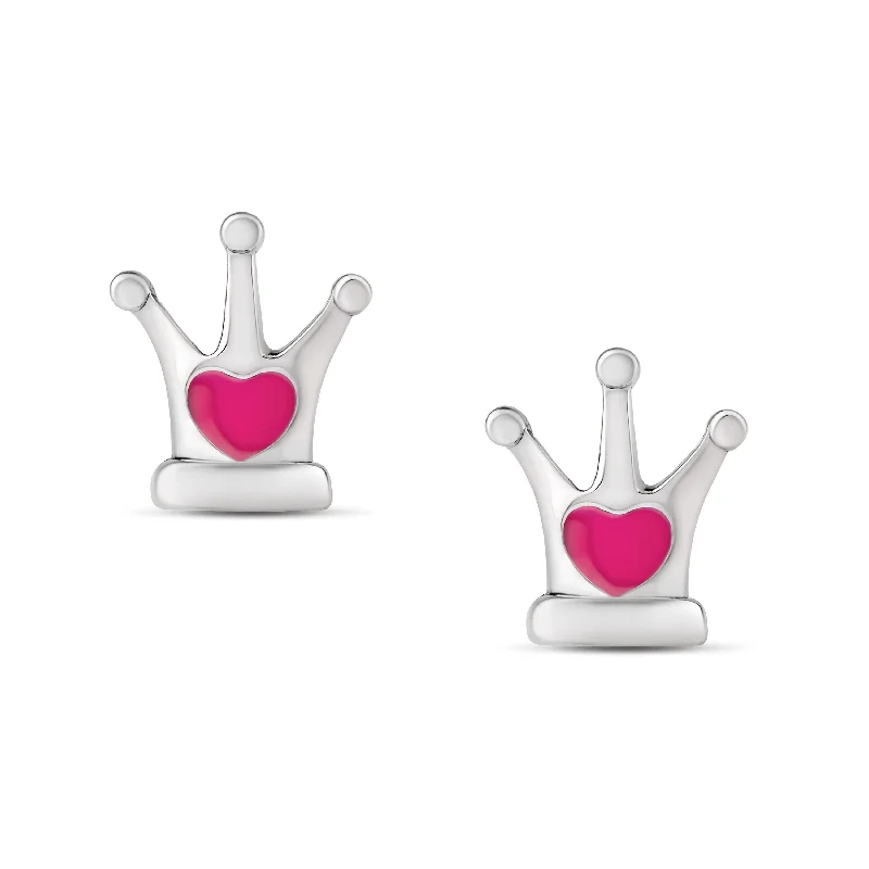 Earrings For Matching Sets-Pink Heart Crown Stud Earrings in Sterling Silver