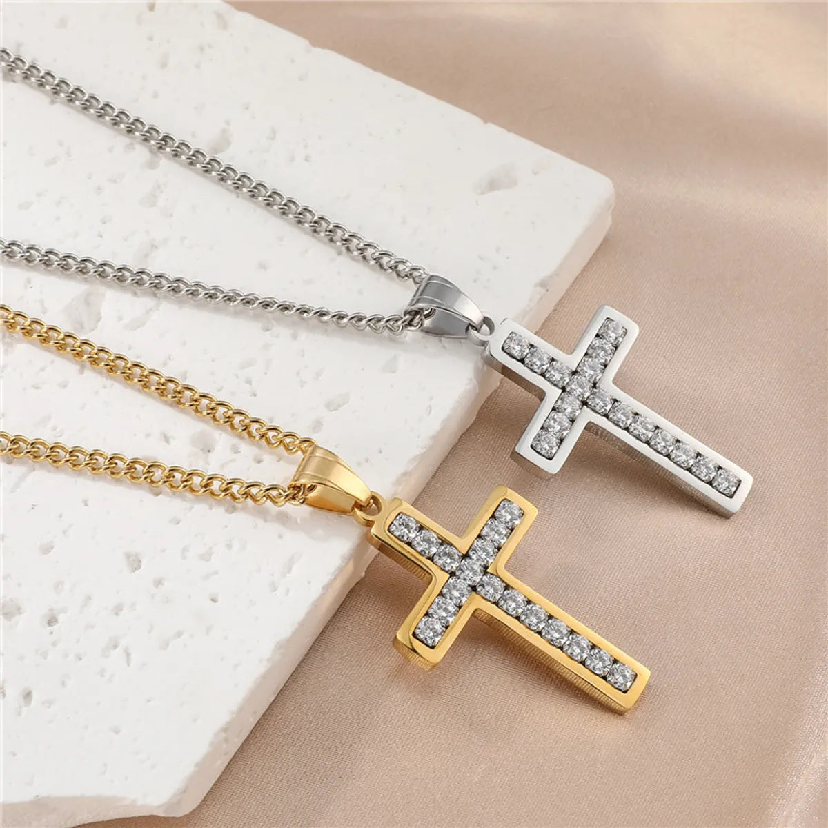 Necklaces For Fall Looks-Hip-Hop Simple Style Cross Stainless Steel Plating Inlay Zircon Gold Plated Men'S Pendant Necklace