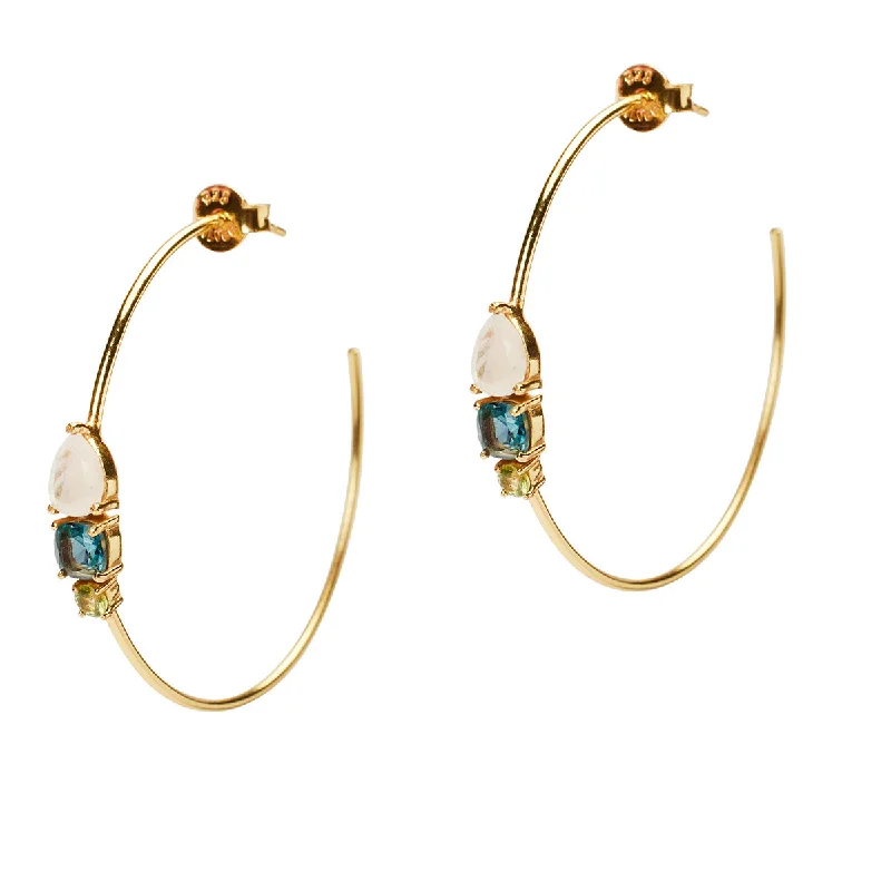 High Fit Earrings-Sage Teardrop Moonstone and Topaz Hoop Earrings