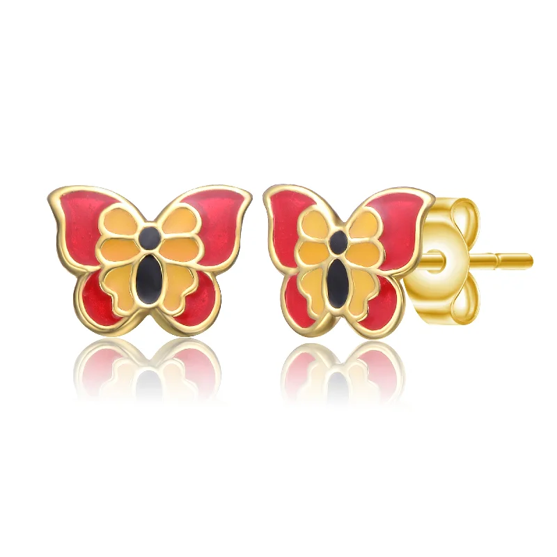 Earrings For Big Hoops-14k Gold Plated Red, Black & Yellow Enamel Butterfly Stud Earrings