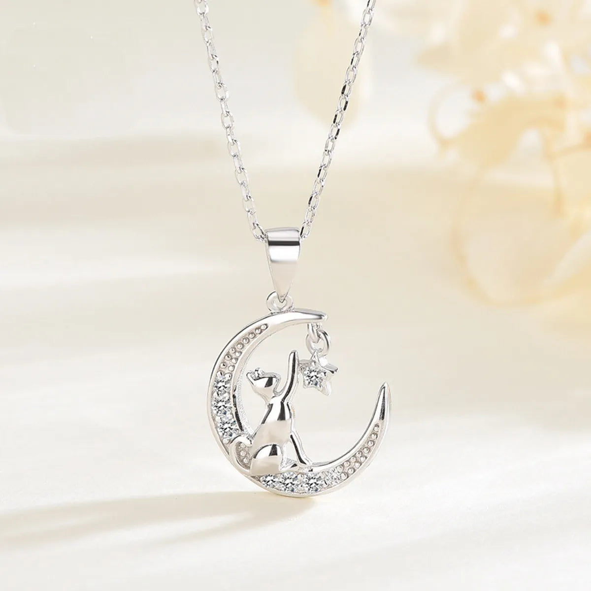 Durable Necklaces For Long Use-Simple Style Moon Cat Sterling Silver Inlay Zircon Pendant Necklace